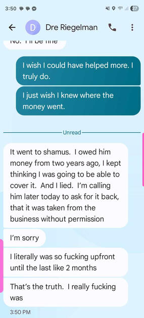 Andrea admitting to us exactly where the funds went that she stole from our business.